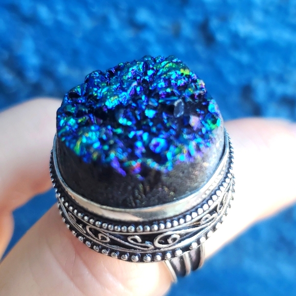 New Blue Titanium Druzy 925 Silver Ring. - Picture 2 of 15